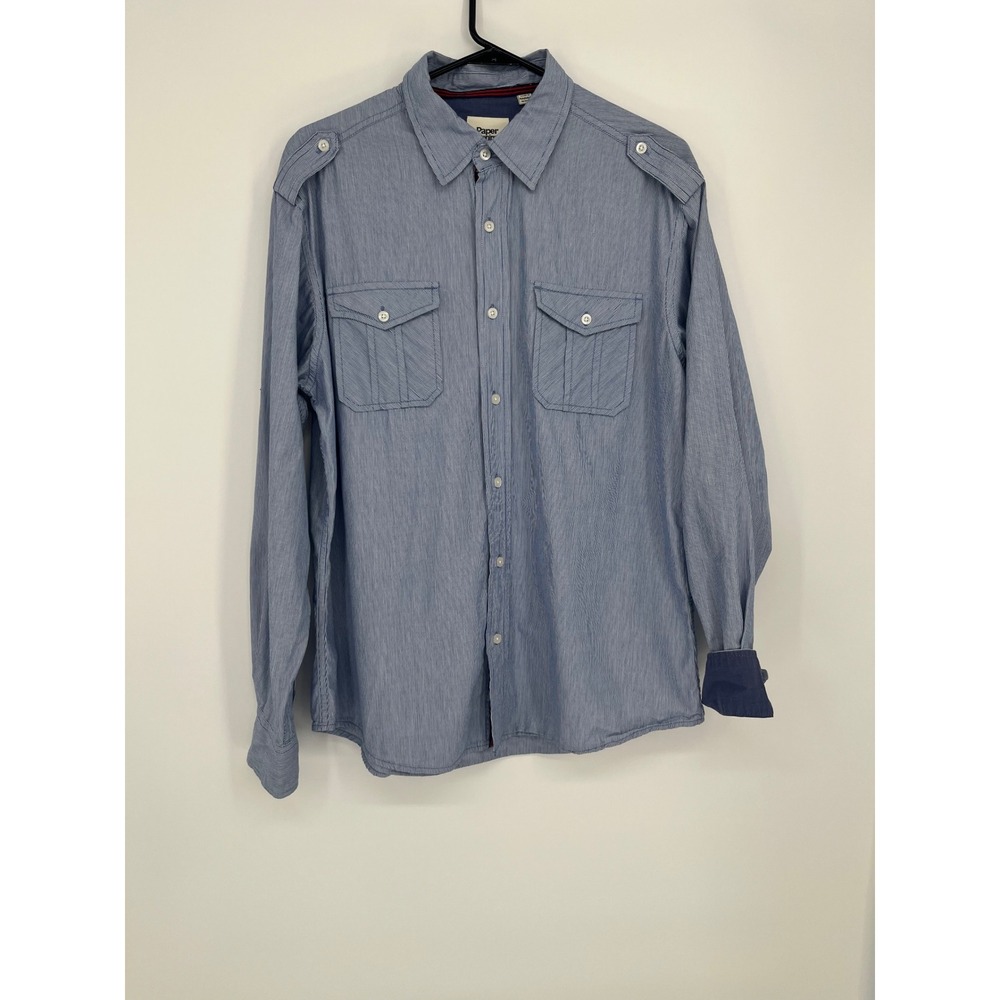 Paper Denim & Cloth Pinstripe Button Up Shirt Men L Blue Preppy Military Coastal